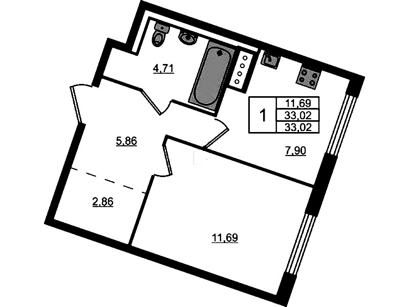 1-комнатная квартира 33.02 м², 9/9 эт., ЖК «Квартал Лаголово»